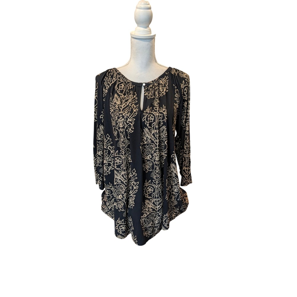 Lucky Brand Peasant Blouse Black Tan Floral Damask Keyhole Sz 1X Boho Tunic